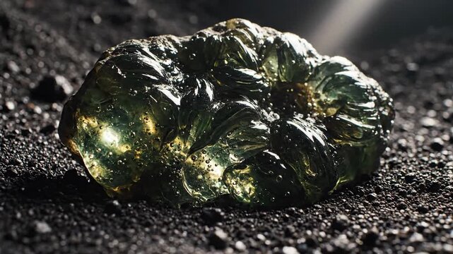 Raw Moldavite Gemstone on Dark Earth Surface