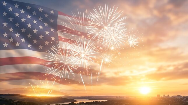 American flag waving with fireworks in the sky during a beautiful sunset over a city.