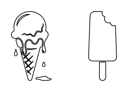 Minimalist ice cream line icons, melting waffle cone and bitten popsicle vector set, black and white summer dessert illustrations