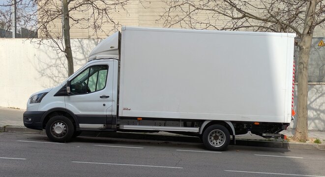 Veh&iacute;culo de transporte Ford Transit carrozado aparcado en una calle de Madrid, Espa&ntilde;a, 1 de febrero de 2026