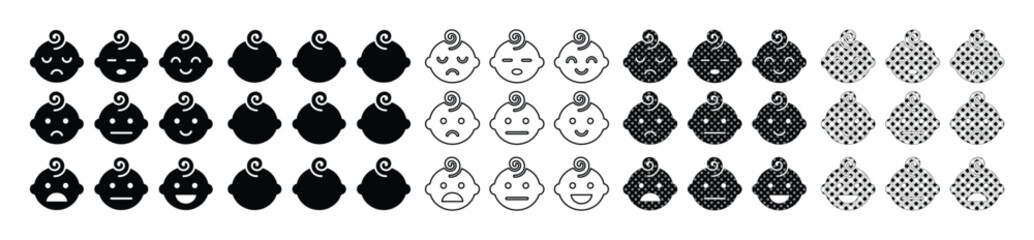 Fototapeta premium Minimalist baby emoji icons set, infant facial expression avatars in vector format, newborn character head symbols for feedback and mood tracking