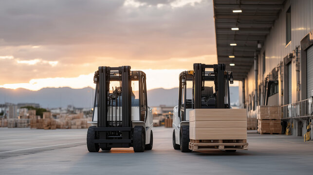 Circular economy reverse logistics hub at dawn, forklift moving disassembled electronic components toward refurbishment bays, overcast dramatic sky through large loading dock doors, perfect for e-wa