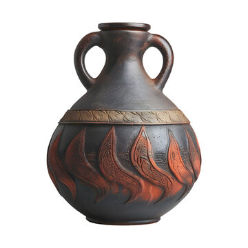 A large brown vase with handles and a leaf design on a transparent background