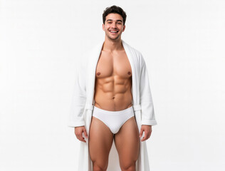 Fototapeta premium Confident athletic young man posing with a playful smile in a white bathrobe and briefs, embodying wellness, fitness, and male grooming lifestyle concepts.