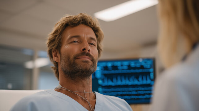 Neuroscientist adjusts electrode placement on neck of seated male patient in clinical room, both focused and calm, monitor displaying waveform pulses, fluorescent overhead light, ideal for vagus ner