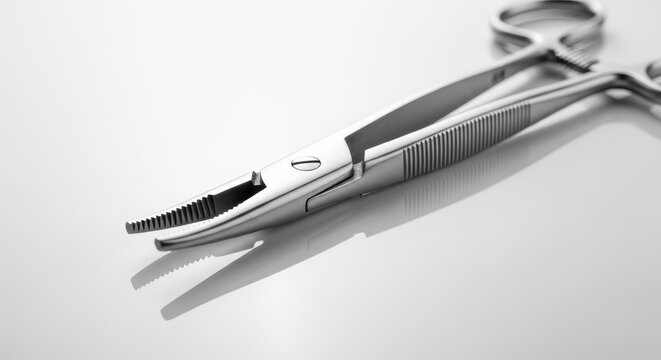 Surgical forceps rest on a clean reflective surface.
