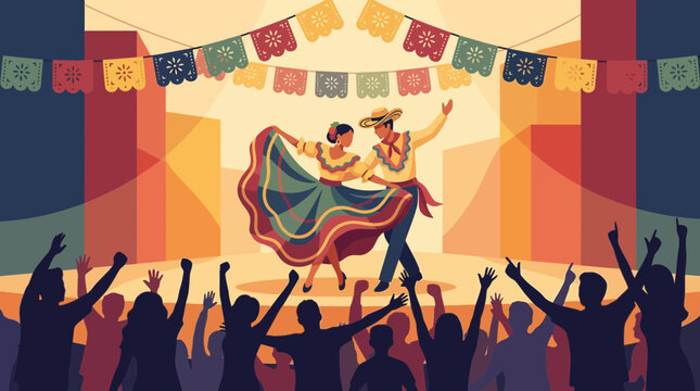 Mexican Folk Dancers Performing on Stage with Audience