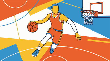 Stylized basketball player dribbling ball on a vibrant geometric court