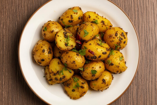 A close-up of delicious Jeera Aloo with cumin seeds on a white plate, capturing the essence of traditional Indian comfort food cooking.