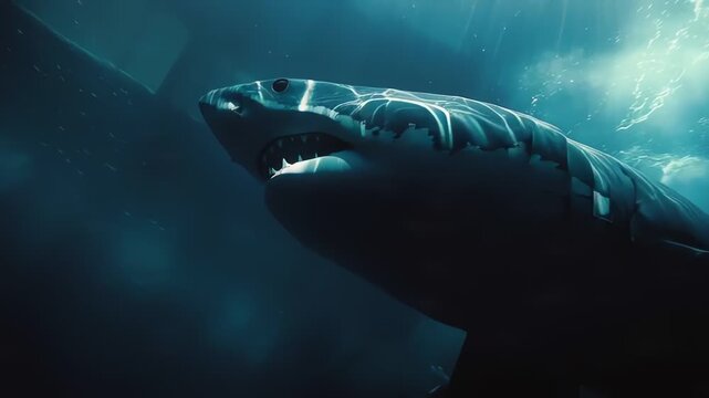 Great white shark swimming in deep ocean with dramatic lighting