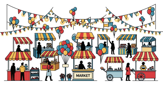 Colorful Market Stalls and People Shopping.