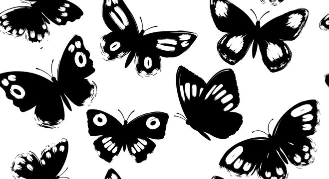 Seamless pattern of black butterflies on a white background.