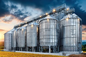 Obraz premium Modern industrial grain silos stand tall in a golden field at sunset, reflecting the dramatic sky.