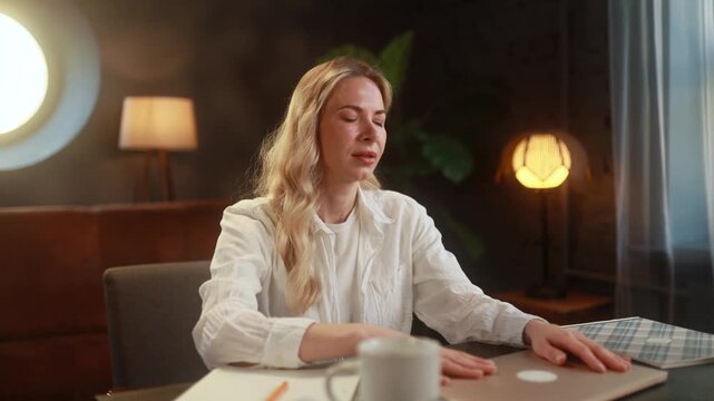 Young woman finishing her work unsuccessfully, closing her laptop with a disappointed expression, feeling frustrated and upset after a difficult work session at home