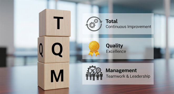 Total Quality Management concept with TQM wooden blocks, business excellence and continuous improvement strategy, corporate leadership icons