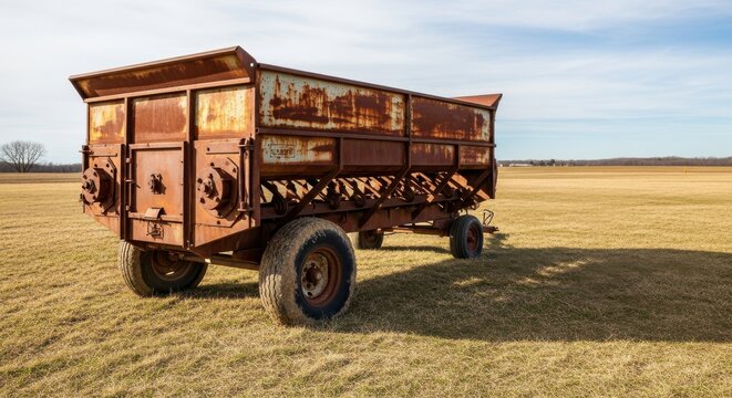 Rusted manure spreader sits abandoned in a dry agricultural field under a clear sky.