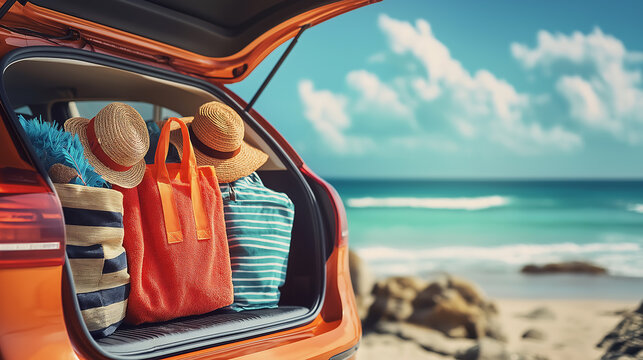 Packed bags, clothes, summer hats in open car trunk on a sunny beach background, symbolizing summer vacation 