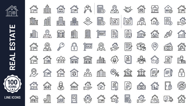 A collection of 100 line icons related to real estate, including houses, people, and property symbols. Ai, eps, jpg, transparent background, png