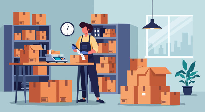 Warehouse Worker Organizing Boxes and Inventory.