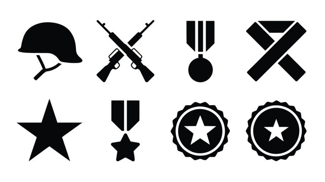 Military silhouettes featuring a helmet rifles medals stars and ribbons in a bold minimalist design perfect for veteran tributes national holidays or defense themes