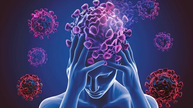 Herpes simplex encephalitis is a severe acute viral infection affecting the central nervous system, caused by herpes simplex virus. This medical illustration visualizes brain inflammation, neural dama