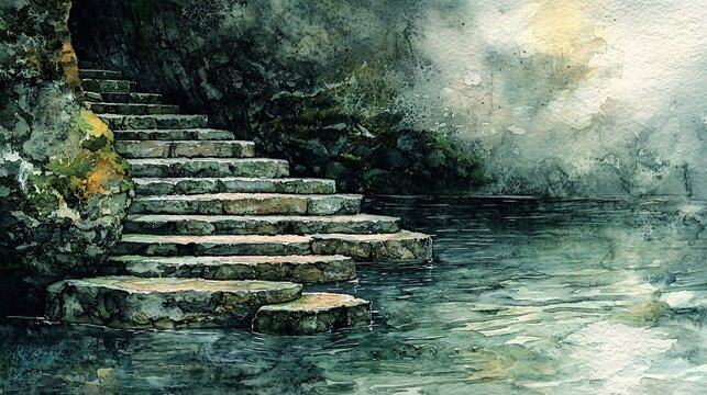 The stone steps lead to the mysterious cave