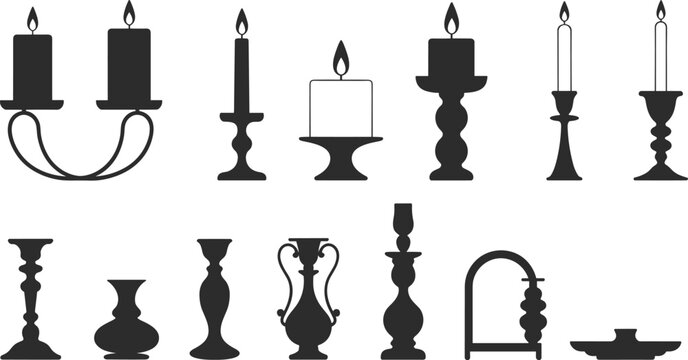 Candle holder silhouettes, candlestick vector set, vintage candle stand, decorative candlelight design, minimalist candlestick illustration, black silhouette art