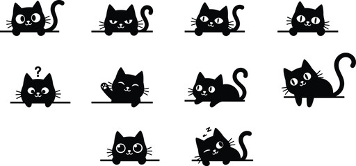 Cartoon cat illustration set, cute feline vector, playful kitty artwork, funny pet clipart collection, black cat design graphic pack © Sabbir's World