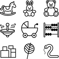 Children toy icons, rocking horse, teddy bear, stuffed bunny, spinning top, baby stroller, abacus, building blocks, lollipop, toy snake illustration