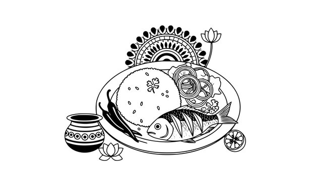 Pohela Boishakh panta ilish black white Bengali food vector
