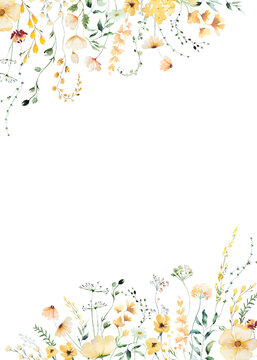 Floral frame with yellow watercolor wildflowers and leaves, hand drawn wedding illustration