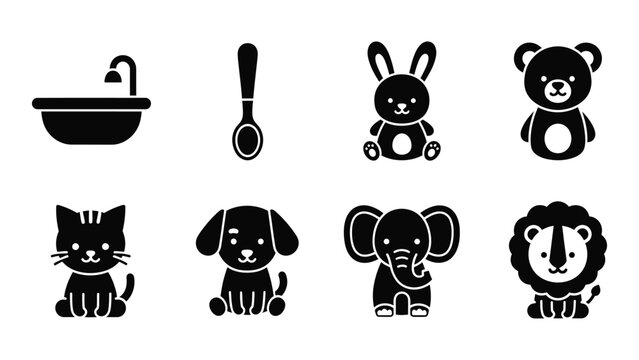 A collection of simple black silhouette icons depicting baby items like a tub spoon and various animal figures high quality professional