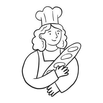Woman baker in chef hat holding fresh baguette hand drawn doodle vector