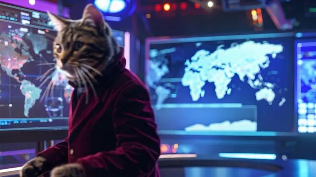 Feline agent in command center, monitoring world map, dressed in velvet