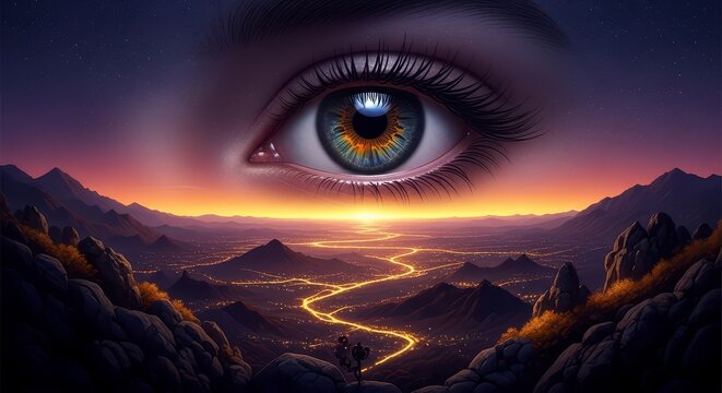 A surreal landscape with a large eye overlooking mountains and a winding river at sunset view