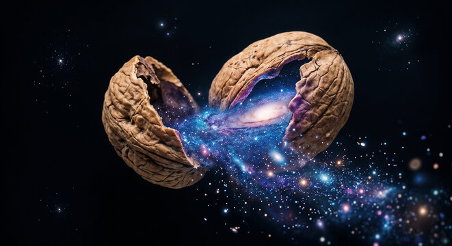 Cosmic Walnut Shell Opening to Reveal a Galaxy, Blue and Purple Hues, illustration for Shakespeare's sonnets with space for text