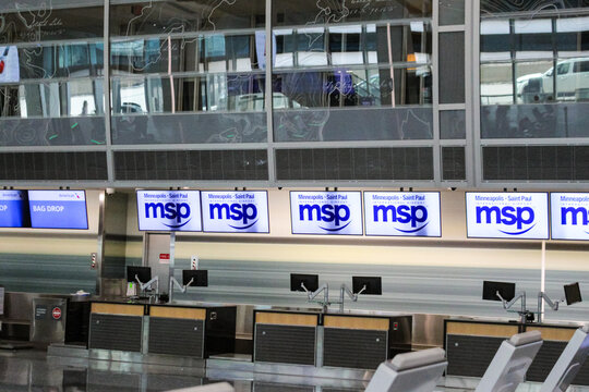 Minneapolis, USA - Mar 3, 2026: he ticketing and bag drop area at the Minneapolis-St. Paul International Airport (MSP). For Editorial Use Only.