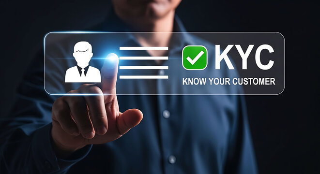 KYC Know Your Customer verification process with person holding ID card and phone