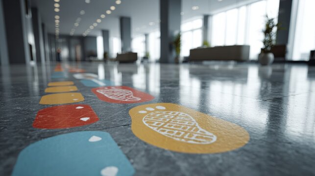 Medium shot of a floor decal with clear distancing footprints and color zones sharply defined against a smooth blurred interior space promoting safe navigation in public areas.
