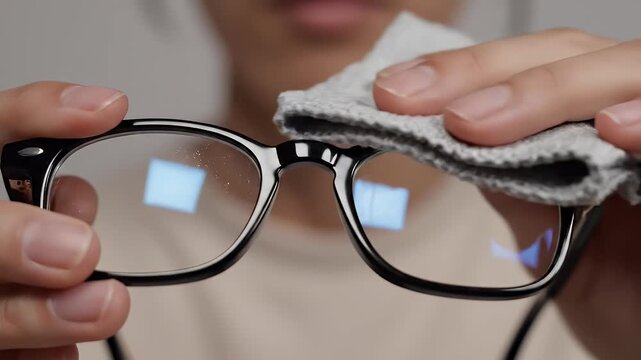 Close up of person cleaning eyeglasses with cloth wiping lenses in three frames demonstrating care and maintenance of eyewear for clear vision