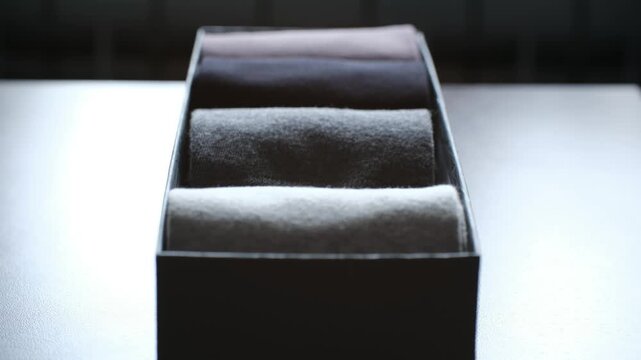 Close up man hand choosing, taking pair of folded blue cotton socks from black cardboard box with an assortment of colors, daily routine for getting dressed for work. Man choosing pair socks from box