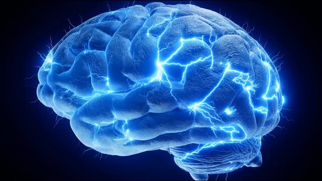 Blue glowing human brain with electric neural activity on dark background