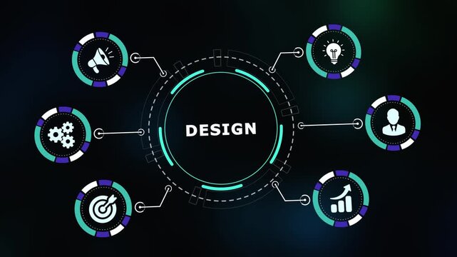  Modern creative design process info-graphic with icons representing ideation, planning, and artistic execution.