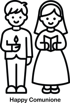 Happy comunion christian kids holding candle book