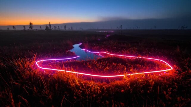 A neon pink light outlines a water feature amid a twilight landscape