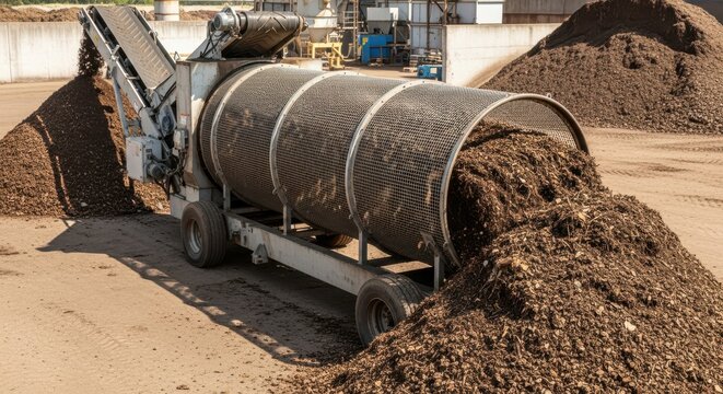 Industrial trommel screen machine processes organic waste into compost at a recycling facility.