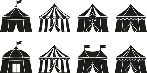 Circus tent silhouettes, black and white design, carnival icons, festival graphics, entertainment illustration, whimsical tents, decorative flags, event theme art © Sabbir's World