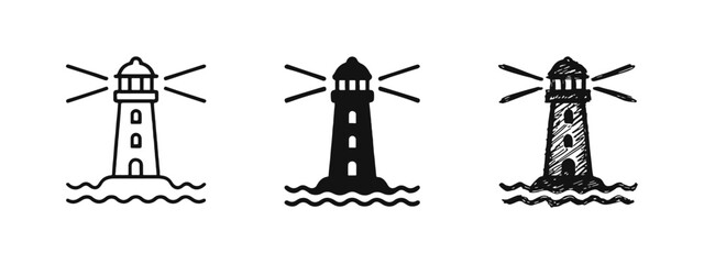 Fototapeta premium Lighthouse on sea waves icon set in outline solid and hand drawn styles