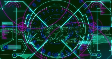 Rotating central HUD reticle pulsing over virtual cockpit dotted rings, with cyan crosshair beams © vectorfusionart