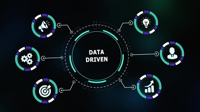 Data driven decision making concept with info-graphic circles representing statistics and financial analytics.
